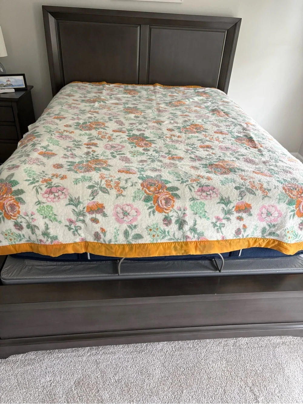 Vintage JCPenney Floral Acrylic Blanket 88x71 Satin Trim Pink Orange Green Throw